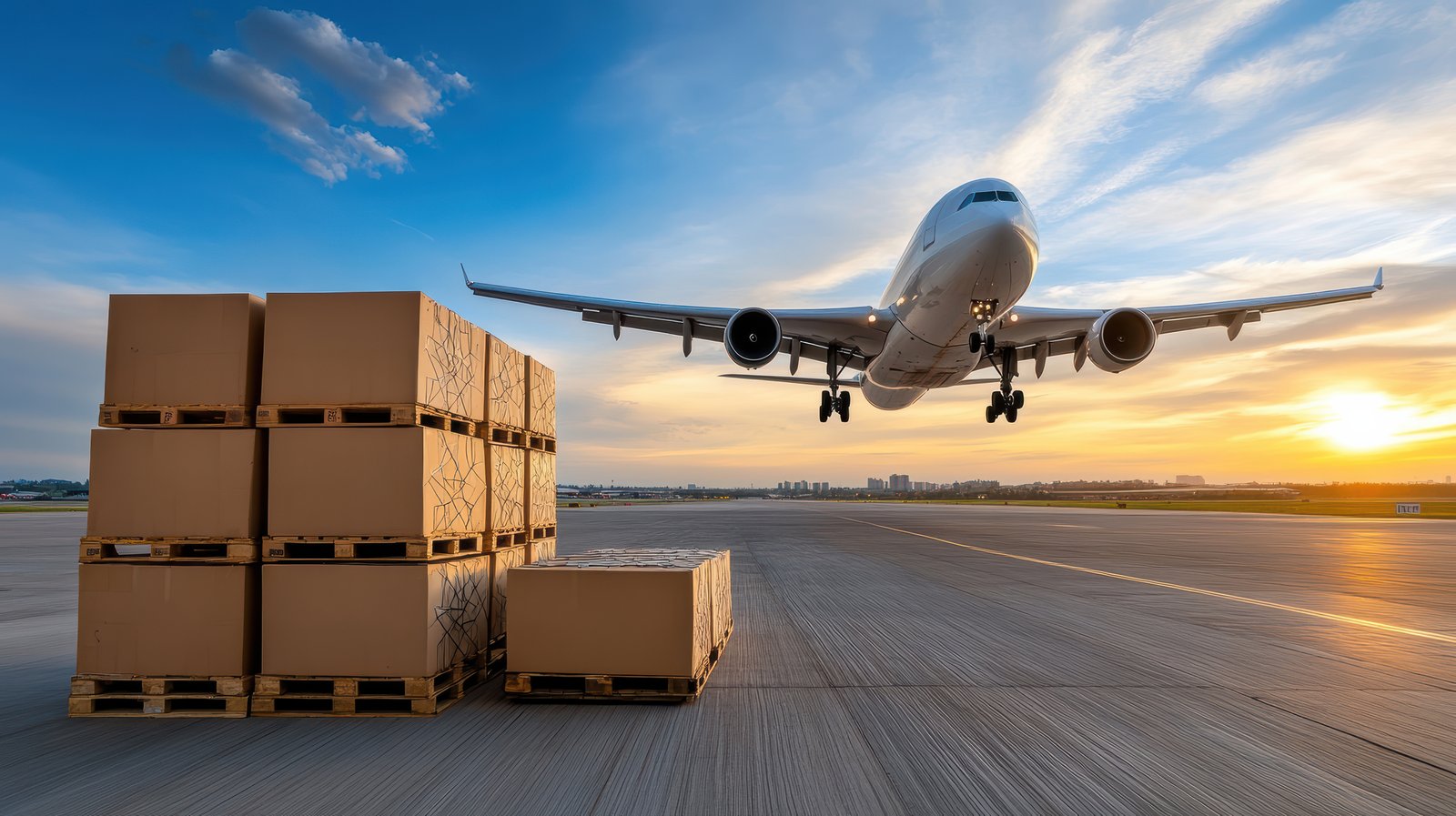 A Massive cargo plane approaching runway with pallets stacked nearby at sunset